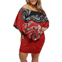 Personalised Aotearoa Toitu Te Tiriti Family Matching Off Shoulder Short Dress and Hawaiian Shirt Taniwha Tribal Motifs