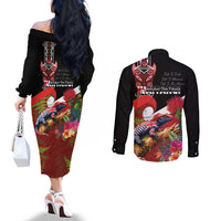 Aotearoa Toitu Te Tiriti Couples Matching Off The Shoulder Long Sleeve Dress and Long Sleeve Button Shirt Waitangi-Honour The Treaty NZ Tuatara and Plants