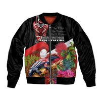 Aotearoa Toitu Te Tiriti Sleeve Zip Bomber Jacket Waitangi-Honour The Treaty NZ Tuatara and Plants