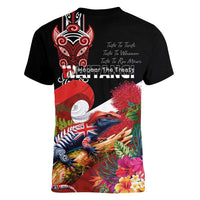 Aotearoa Toitu Te Tiriti Women V-Neck T-Shirt Waitangi-Honour The Treaty NZ Tuatara and Plants