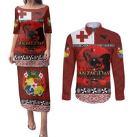 Tonga ANZAC Day Couples Matching Puletasi and Long Sleeve Button Shirt Gallipoli Lest We Forget Ngatu Art Tribal