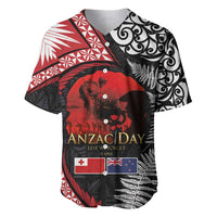 Tonga and New Zealand ANZAC Day Baseball Jersey Gallipoli Lest We Forget Ngatu Art Tribal and Maori Tattoo with Fern LT03
