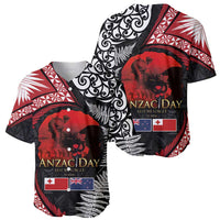 Tonga and New Zealand ANZAC Day Baseball Jersey Gallipoli Lest We Forget Ngatu Art Tribal and Maori Tattoo with Fern LT03