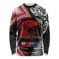Tonga and New Zealand ANZAC Day Long Sleeve Shirt Gallipoli Lest We Forget Ngatu Art Tribal and Maori Tattoo with Fern LT03