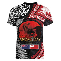 Tonga and New Zealand ANZAC Day Women V-Neck T-Shirt Gallipoli Lest We Forget Ngatu Art Tribal and Maori Tattoo with Fern LT03
