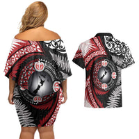 Tonga and New Zealand Together Couples Matching Off Shoulder Short Dress and Hawaiian Shirt Ngatu Art Tribal Maori Tattoo and Silver Fern