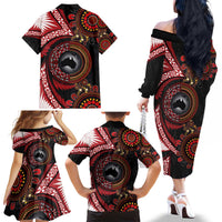 Tonga and Australia Together Family Matching Off The Shoulder Long Sleeve Dress and Hawaiian Shirt Ngatu Art Tribal Aboriginal Tattoo Pattern