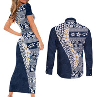 Hawaii Plumeria Tribal Vintage Couples Matching Short Sleeve Bodycon Dress and Long Sleeve Button Shirt Special Blue