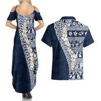 Hawaii Plumeria Tribal Vintage Couples Matching Summer Maxi Dress and Hawaiian Shirt Special Blue
