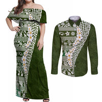 Hawaii Plumeria Tribal Vintage Couples Matching Off Shoulder Maxi Dress and Long Sleeve Button Shirt Special Green