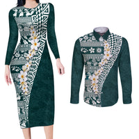 Hawaii Plumeria Tribal Vintage Couples Matching Long Sleeve Bodycon Dress and Long Sleeve Button Shirt Special Turquoise LT03 Turquoise - Polynesian Pride