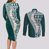 Hawaii Plumeria Tribal Vintage Couples Matching Long Sleeve Bodycon Dress and Long Sleeve Button Shirt Special Turquoise LT03 - Polynesian Pride