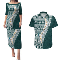 Hawaii Plumeria Tribal Vintage Couples Matching Puletasi and Hawaiian Shirt Special Turquoise