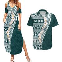 Hawaii Plumeria Tribal Vintage Couples Matching Summer Maxi Dress and Hawaiian Shirt Special Turquoise