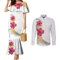Hawaiian Plumeria and Hibiscus Couples Matching Mermaid Dress and Long Sleeve Button Shirt White Mode