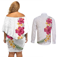 Hawaiian Plumeria and Hibiscus Couples Matching Off Shoulder Short Dress and Long Sleeve Button Shirt White Mode