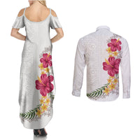 Hawaiian Plumeria and Hibiscus Couples Matching Summer Maxi Dress and Long Sleeve Button Shirt White Mode LT03 - Polynesian Pride