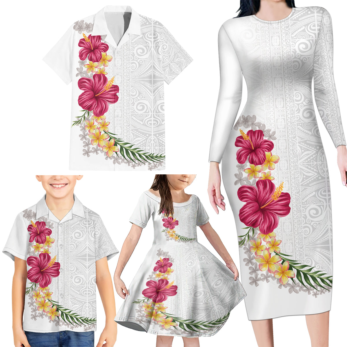 Hawaiian Plumeria and Hibiscus Family Matching Long Sleeve Bodycon Dress and Hawaiian Shirt White Mode