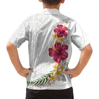 Hawaiian Plumeria and Hibiscus Family Matching Off The Shoulder Long Sleeve Dress and Hawaiian Shirt White Mode LT03 - Polynesian Pride