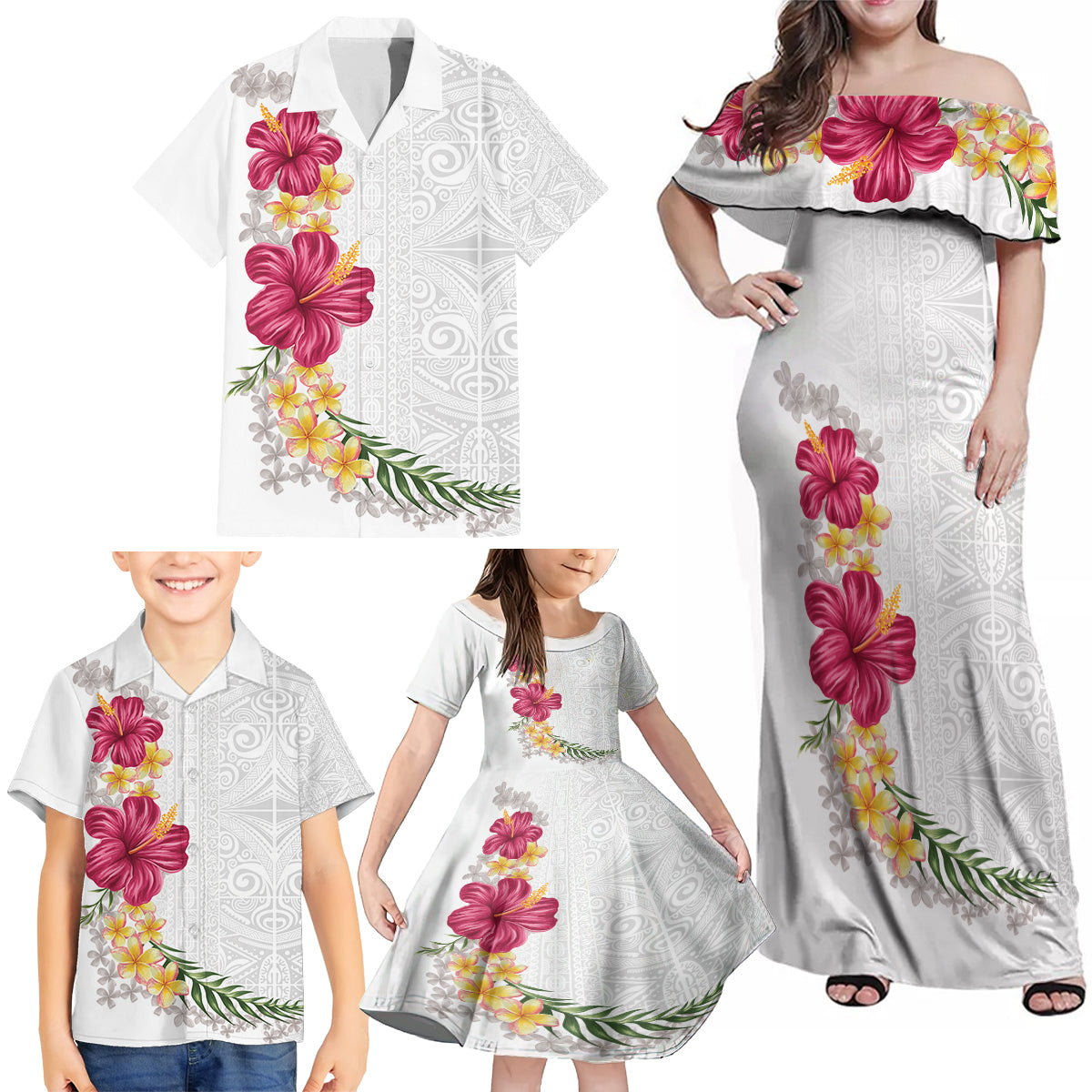 Hawaiian Plumeria and Hibiscus Family Matching Off Shoulder Maxi Dress and Hawaiian Shirt White Mode