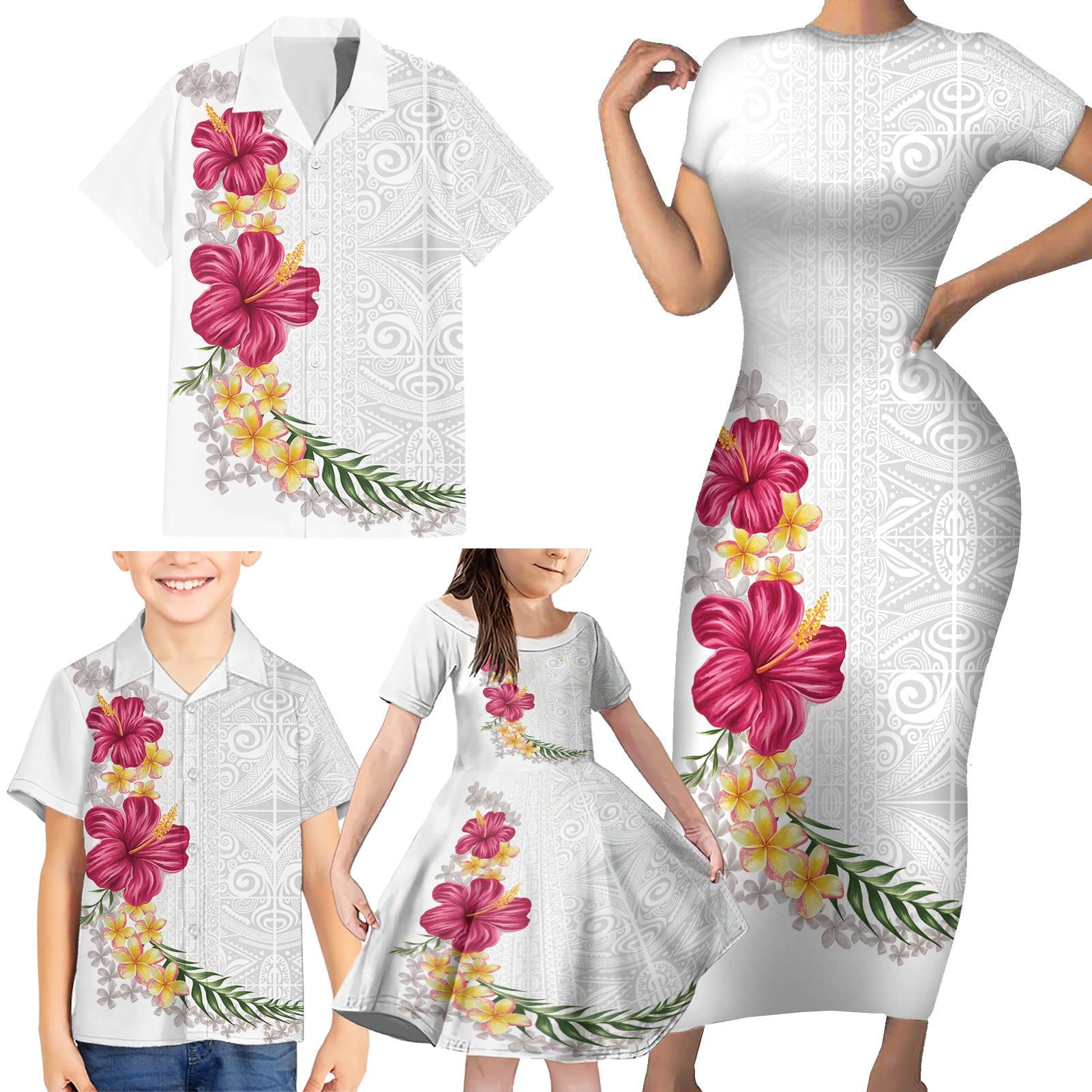 Hawaiian Plumeria and Hibiscus Family Matching Short Sleeve Bodycon Dress and Hawaiian Shirt White Mode