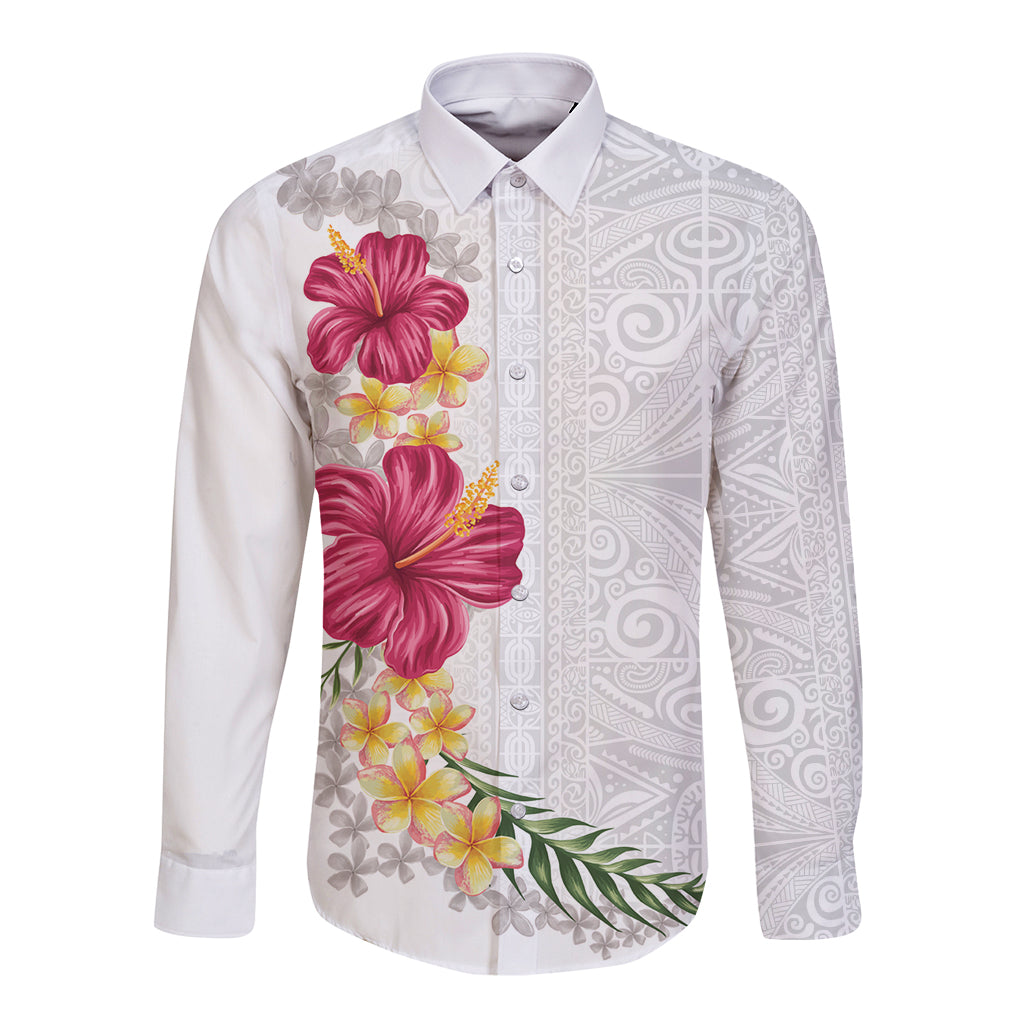 Hawaiian Plumeria and Hibiscus Long Sleeve Button Shirt White Mode