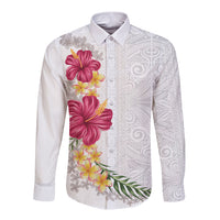 Hawaiian Plumeria and Hibiscus Long Sleeve Button Shirt White Mode LT03 Unisex White - Polynesian Pride