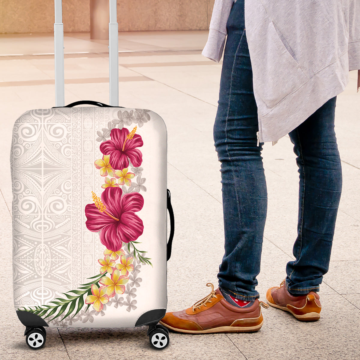 Hawaiian Plumeria and Hibiscus Luggage Cover White Mode