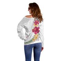 Hawaiian Plumeria and Hibiscus Off Shoulder Sweater White Mode