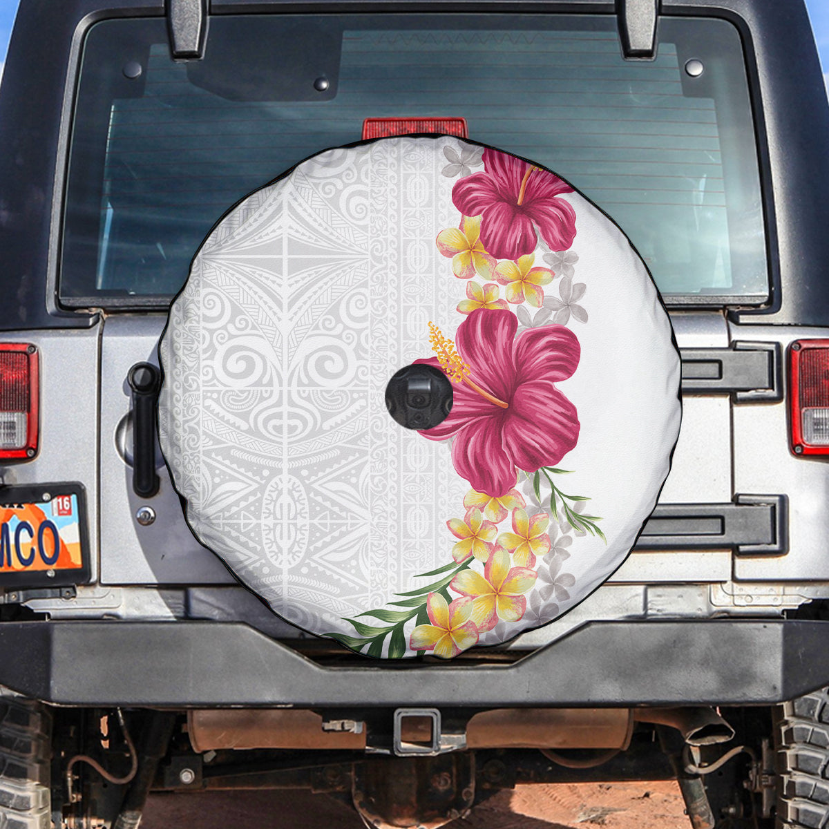 Hawaiian Plumeria and Hibiscus Spare Tire Cover White Mode
