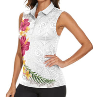 Hawaiian Plumeria and Hibiscus Women Sleeveless Polo Shirt White Mode