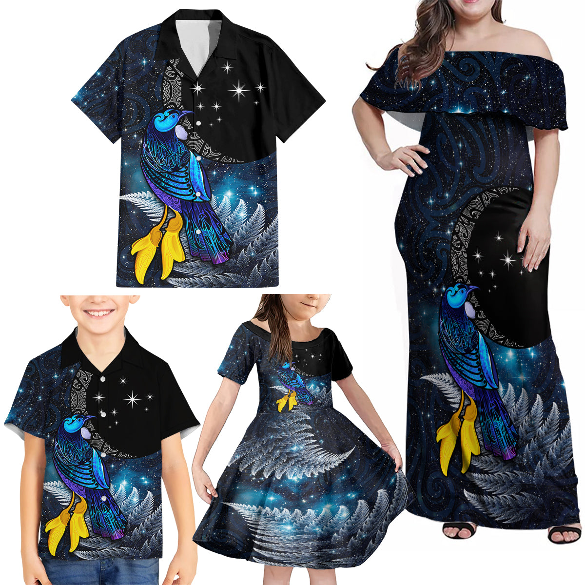 New Zealand Tui Bird Matariki Family Matching Off Shoulder Maxi Dress and Hawaiian Shirt Galaxy Fern With Maori Pattern