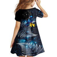 New Zealand Tui Bird Matariki Family Matching Short Sleeve Bodycon Dress and Hawaiian Shirt Galaxy Fern With Maori Pattern
