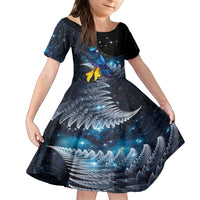 New Zealand Tui Bird Matariki Family Matching Summer Maxi Dress and Hawaiian Shirt Galaxy Fern With Maori Pattern LT03 Daughter's Dress Blue - Polynesian Pride