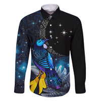 New Zealand Tui Bird Matariki Family Matching Summer Maxi Dress and Hawaiian Shirt Galaxy Fern With Maori Pattern LT03 Dad's Shirt - Long Sleeve Blue - Polynesian Pride