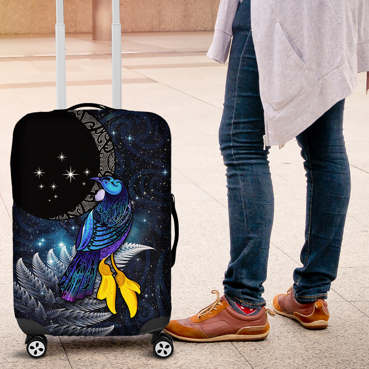 New Zealand Tui Bird Matariki Luggage Cover Galaxy Fern With Maori Pattern