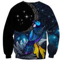 New Zealand Tui Bird Matariki Sweatshirt Galaxy Fern With Maori Pattern