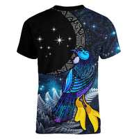 New Zealand Tui Bird Matariki Women V-Neck T-Shirt Galaxy Fern With Maori Pattern
