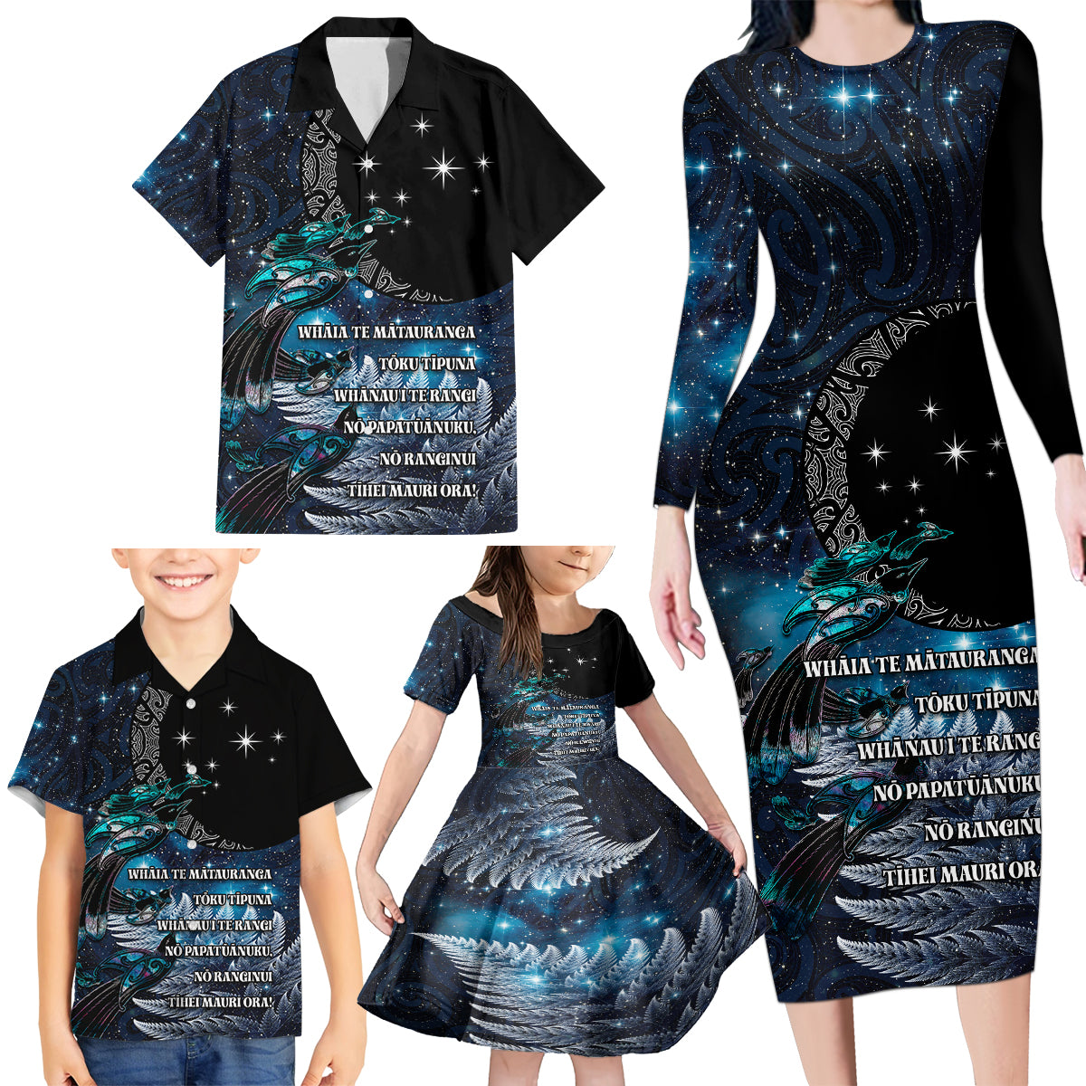 New Zealand Tui Bird Family Matching Long Sleeve Bodycon Dress and Hawaiian Shirt Matariki Poetry Pattern Galaxy Style
