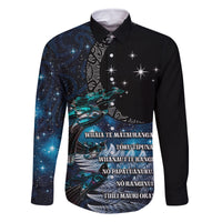 New Zealand Tui Bird Family Matching Long Sleeve Bodycon Dress and Hawaiian Shirt Matariki Poetry Pattern Galaxy Style LT03 Dad's Shirt - Long Sleeve Blue - Polynesian Pride
