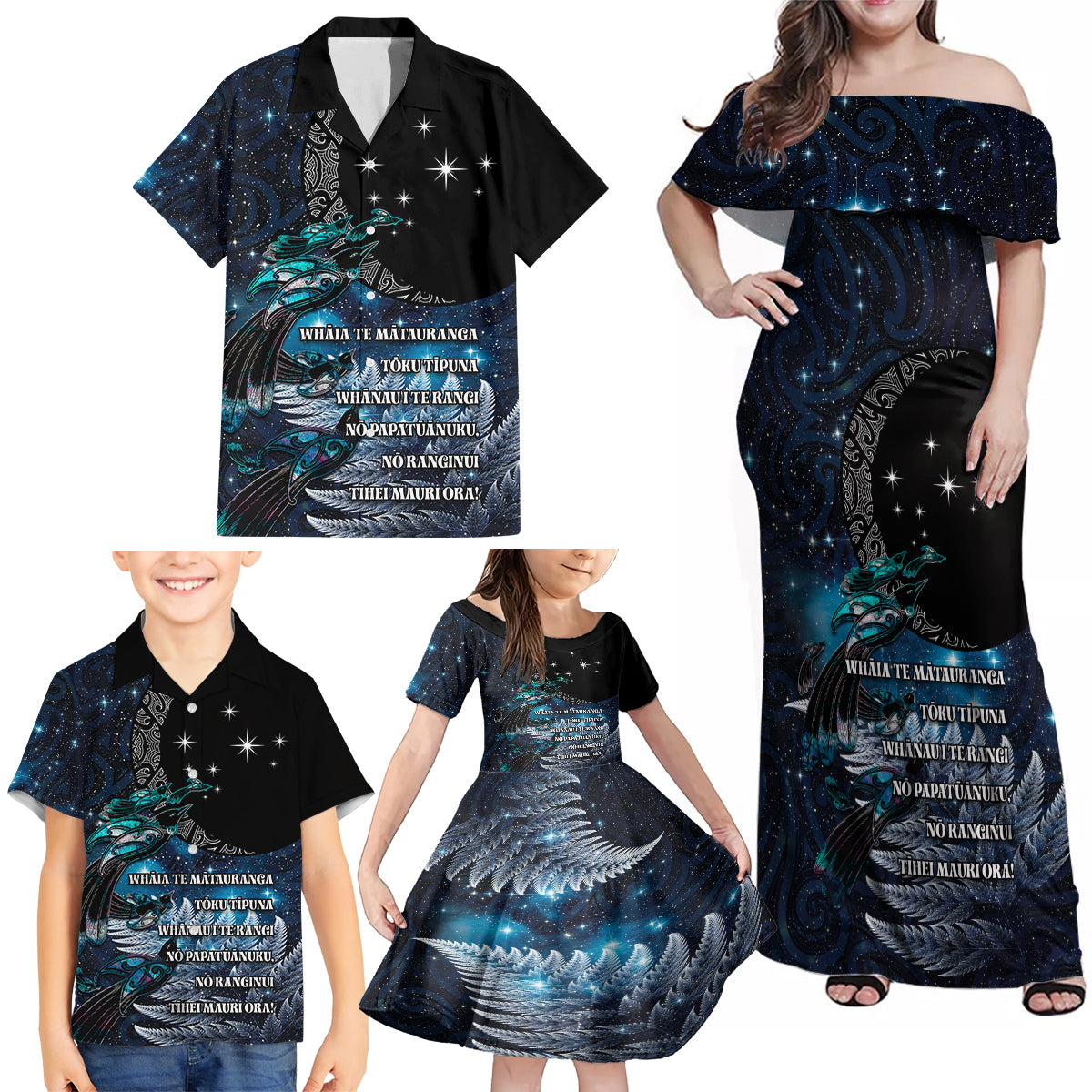 New Zealand Tui Bird Family Matching Off Shoulder Maxi Dress and Hawaiian Shirt Matariki Poetry Pattern Galaxy Style