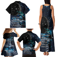 New Zealand Tui Bird Family Matching Tank Maxi Dress and Hawaiian Shirt Matariki Poetry Pattern Galaxy Style