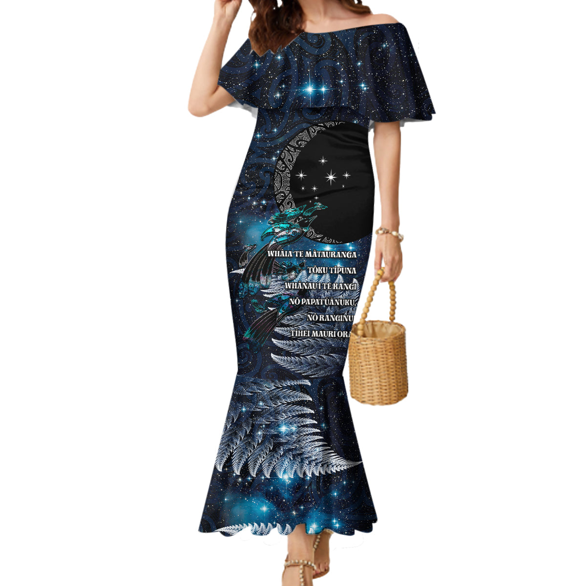 New Zealand Tui Bird Mermaid Dress Matariki Poetry Pattern Galaxy Style