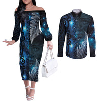 New Zealand Matariki Couples Matching Off The Shoulder Long Sleeve Dress and Long Sleeve Button Shirt The Tribal Maori Face and Silver Fern