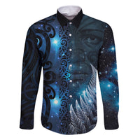 New Zealand Matariki Family Matching Long Sleeve Bodycon Dress and Hawaiian Shirt The Tribal Maori Face and Silver Fern LT03 Dad's Shirt - Long Sleeve Blue - Polynesian Pride