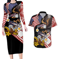 United States and American Samoa Together Couples Matching Long Sleeve Bodycon Dress and Hawaiian Shirt Bald Eagle and Polynesian Traditional Culture with Plumeria