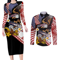 United States and American Samoa Together Couples Matching Long Sleeve Bodycon Dress and Long Sleeve Button Shirt Bald Eagle and Polynesian Traditional Culture with Plumeria