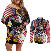 United States and American Samoa Together Couples Matching Off Shoulder Short Dress and Long Sleeve Button Shirt Bald Eagle and Polynesian Traditional Culture with Plumeria