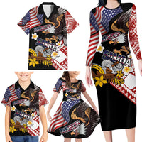 United States and American Samoa Together Family Matching Long Sleeve Bodycon Dress and Hawaiian Shirt Bald Eagle and Polynesian Traditional Culture with Plumeria