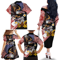 United States and American Samoa Together Family Matching Off The Shoulder Long Sleeve Dress and Hawaiian Shirt Bald Eagle and Polynesian Traditional Culture with Plumeria